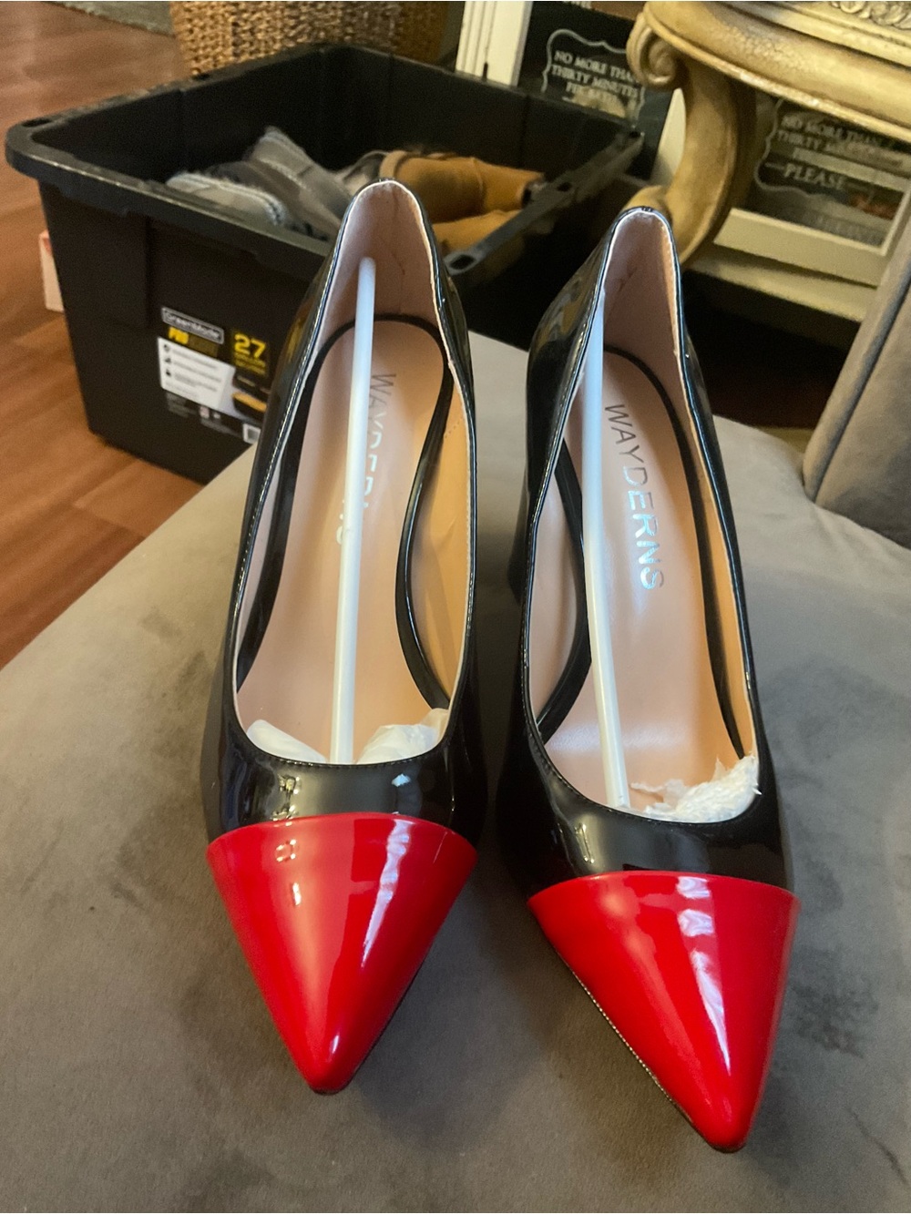 Black Patent Pumps with Red Pointed Toe